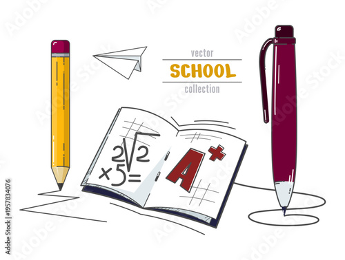 Back to school vector elements set. Supplies icons collection. Ball pen, graphite pencil, open notebook, flying paper plane sign. Hand drawn doodle element. Kids sticker pack. Simple graphic design