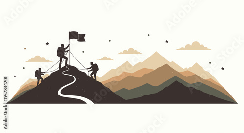 Mountain climbers reaching the summit with a flag vector illustration
