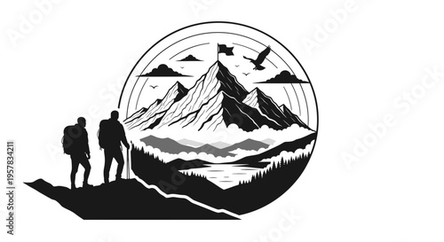 Mountain climbers silhouette reaching summit with flag illustration