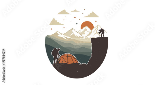 Mountain climbers setting camp under sunset in vector illustration