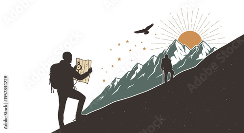 Mountain climbers silhouette with eagle illustration against white background