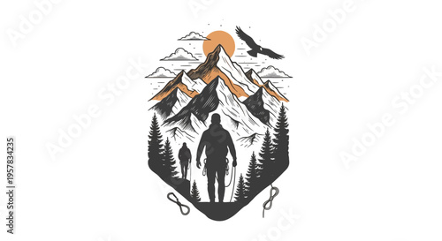 Mountain climbers silhouette with nature elements and eagle illustration