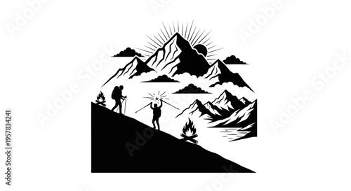 Mountain climbers with camping gear hiking towards a sunrise vector illustration