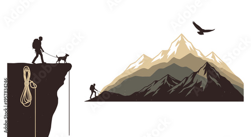 Mountain climbers with dog and bird silhouette against beige peaks