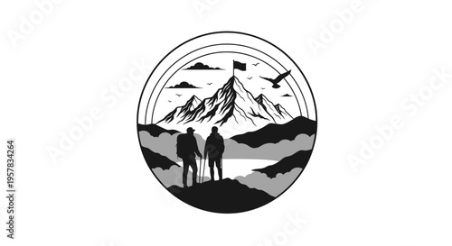 Mountain climbers stand before peak landscape with flag illustration in monochrome style