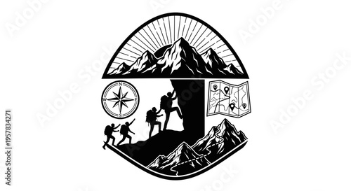 Mountain climbing adventure concept with compass and map illustration
