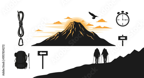Mountain climbing adventure concept illustration with silhouetted hikers and equipment
