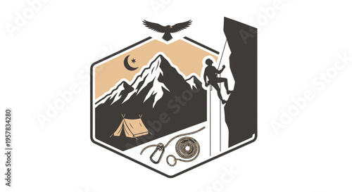 Mountain climbing adventure icon depicting courage and exploration