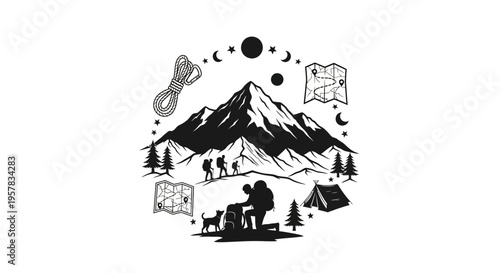 Mountain climbing adventure illustration with equipment and hiking elements