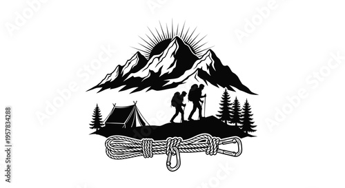 Mountain climbing adventure illustration with hikers tent and rope