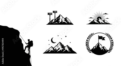 Mountain climbing silhouettes and mountain landscape icons vector set
