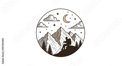 Mountain explorer silhouette hiking under night sky vector illustration