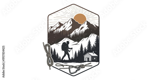 Mountain hiker illustration with peaks sun and trees emblem for outdoors