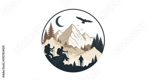 Mountain hike illustration with silhouetted figures and scenic nature elements