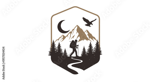 Mountain hiker silhouette logo with trees moon eagle vector illustration