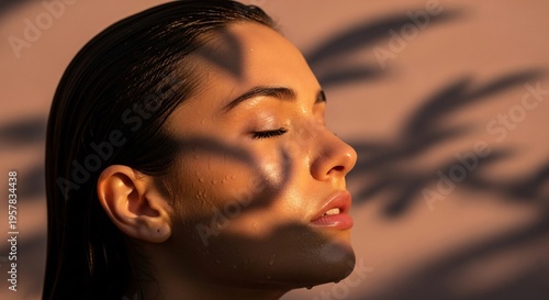 beautiful asian woman with closed eyes looking away in shadow on orange