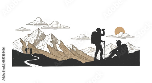 Mountain hikers and landscape illustration hiking adventure concept