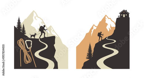 Mountain hikers and dog on trail path climbing concept illustration