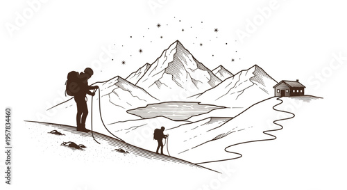 Mountain hikers ascend scenic trail towards summit illustration