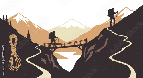 Mountain hikers crossing bridge silhouettes nature illustration travel concept