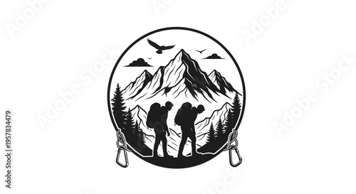 Mountain hikers silhouette against scenic landscape with carabiners