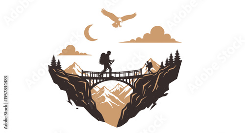 Mountain hikers crossing a bridge with landscape nature illustration