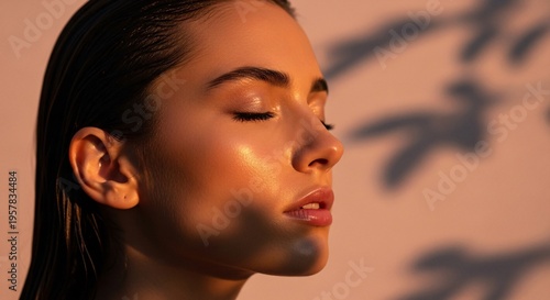Portrait of a beautiful young woman with closed eyes on orange background
