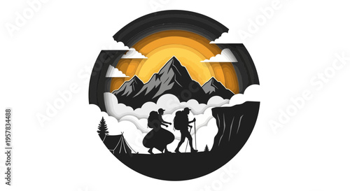 Mountain hikers silhouette against sunset landscape in vector illustration