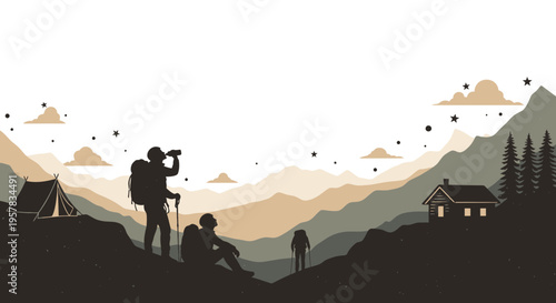 Mountain hikers enjoying scenic view in silhouette against landscape