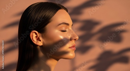 beautiful young woman with closed eyes and closed eyes posing in sunlight