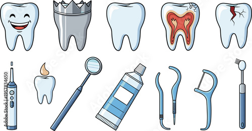 Dental Care and Hygiene Vector Set Featuring Toothbrush, Dental Floss, Toothpaste, Healthy and Damaged Teeth, and Dental Tools for Oral Health Illustrations