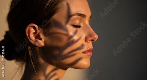 beautiful young woman with closed eyes and shadows on face looking away