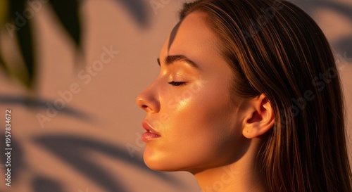 beautiful young woman with closed eyes looking away in sunlight, closeup