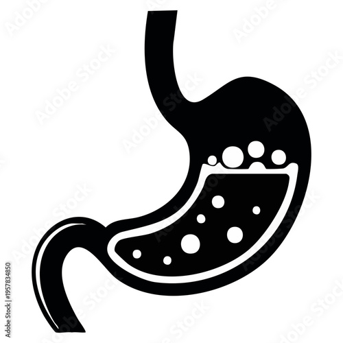 Human Stomach Silhouette Icon with Gastric Acid and Bubbles