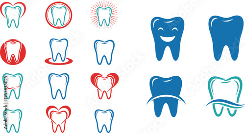 Dental Logo Set Featuring Clean and Healthy Teeth Icons, Smiling Teeth, Heart Shapes, and Waves for Oral Care and Dentistry Illustrations