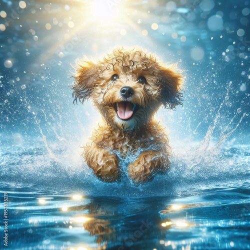 Cute little dog splashing in the water on a blue background