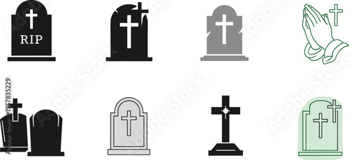 Gravestone and Cross Icons Set with RIP, Praying Hands, and Religious Symbols for Memorial, Cemetery, and Faith-Based Illustrations