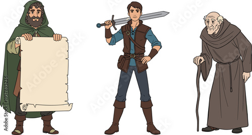 Fantasy Character Set Featuring Hero, Wizard, and Elder with Magical and Medieval Elements for Adventure, Fantasy, and Storytelling Illustrations