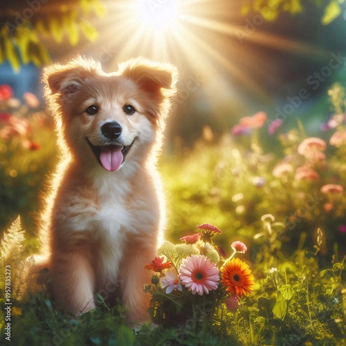 Cute puppy sitting in the grass with flowers and sun rays.