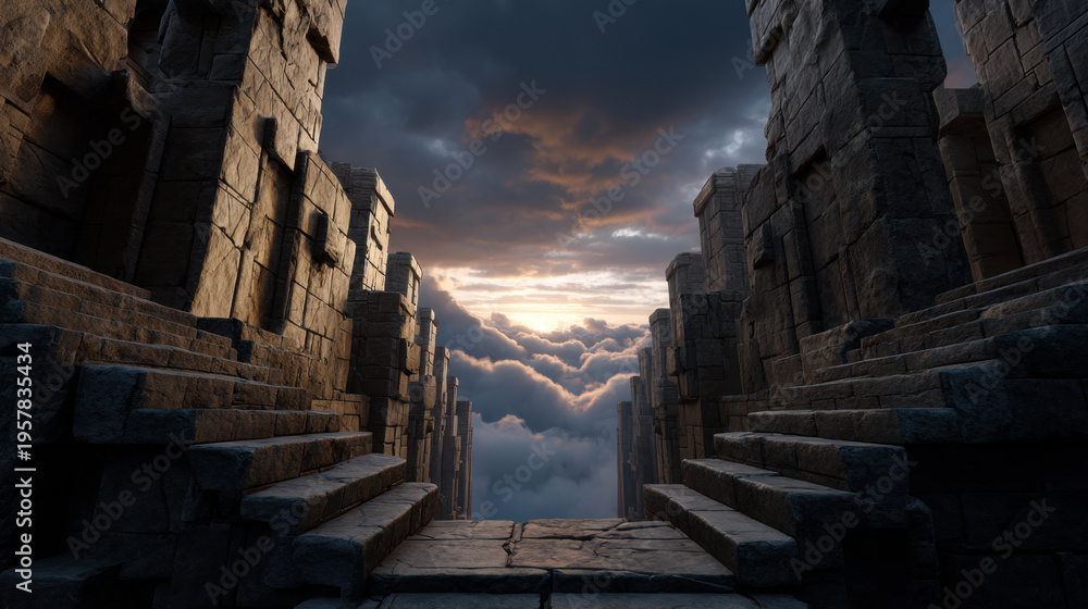 Fototapeta premium Stone sky bridge corridor with stairway opening to cloud filled horizon at sunset creating dramatic light and serene atmosphere
