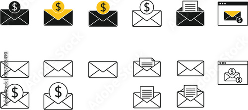 Money and Email Icon Set with Dollar Symbols, Email Messages, and Payment Elements for Financial, Communication, and Online Transaction Graphics