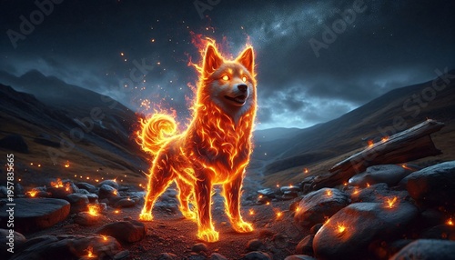 Fiery dog in the mountains. 3D rendering. Mixed media