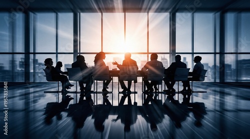 Silhouettes of a business team meeting in a modern office boardroom with a city skyline view at sunset.