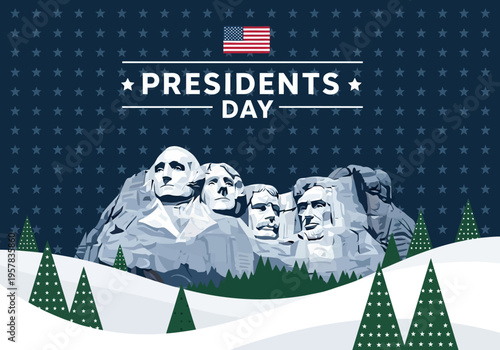 Presidents Day Celebration Banner with Mount Rushmore Illustration, American Flag and Snowy Landscape Background