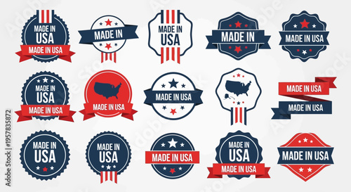 Made in USA Labels and Badges Set - Patriotic American Product Seals with US Flag Colors, Stars, and Map Silhouette for Manufacturing, Quality Assurance, and Marketing.