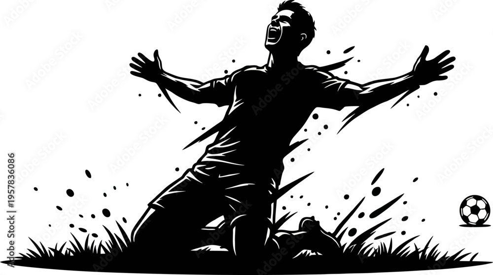Fototapeta premium Soccer Player Celebrating Goal Silhouette, Winning Moment Football Athlete Ink Illustration