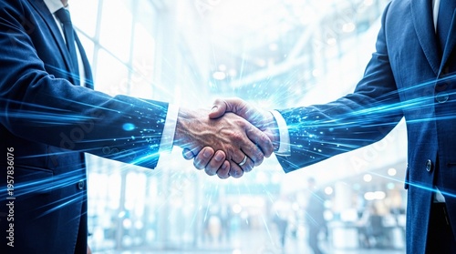 Futuristic business partnership handshake with glowing digital technology effect in a modern office.