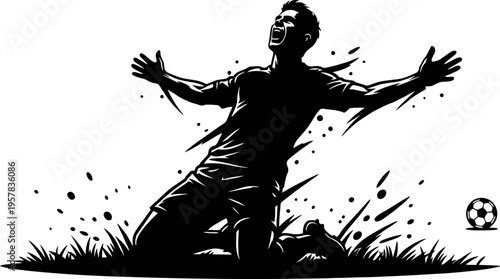 Soccer Player Celebrating Goal Silhouette, Winning Moment Football Athlete Ink Illustration