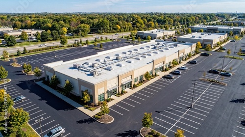 Aerial view of a commercial flex space building and large parking lot in a suburban office park.