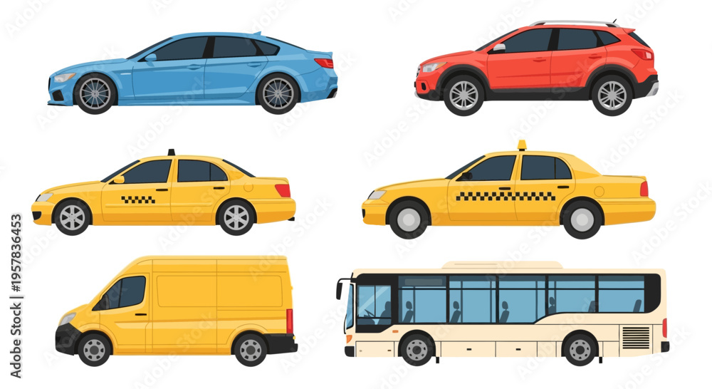 Naklejka premium Set of various vehicles illustrated on white background transportation concept